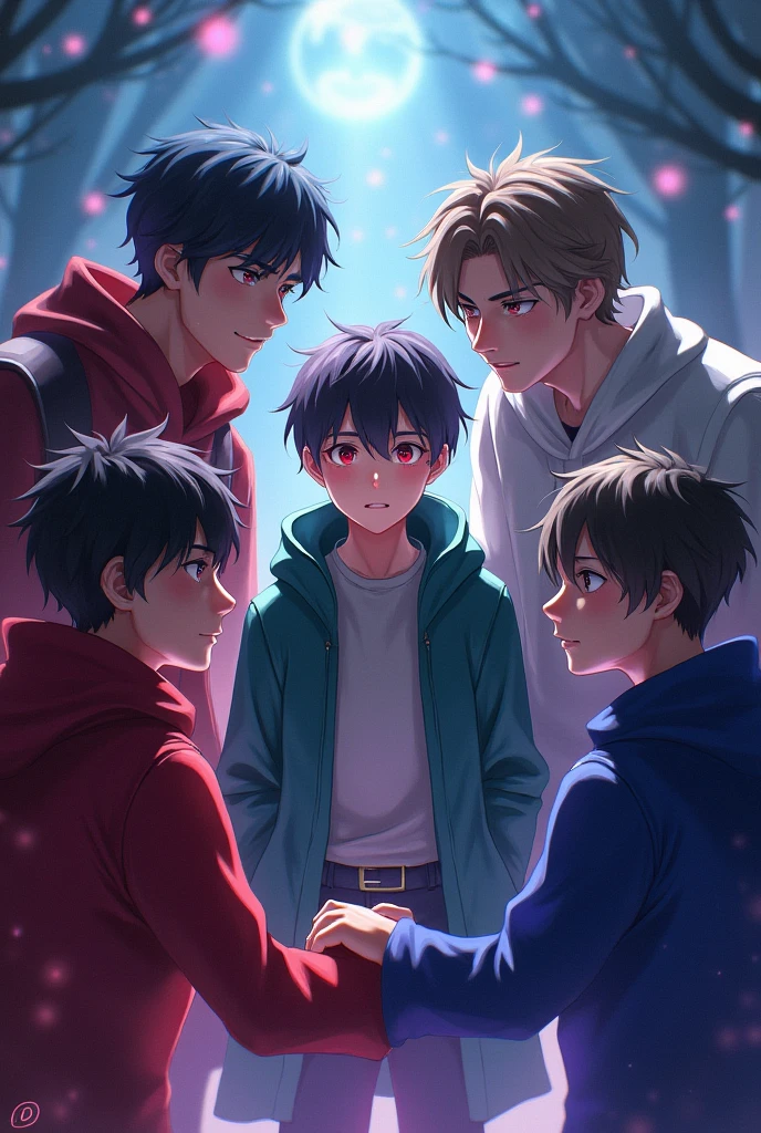Four young men with different personalities surround a sweet-faced young man.. They are wearing cloaks.. magic. magic. Fantasy. Fantasy. The people surrounded have cute faces.. One of the people surrounding him had a fierce face.. The second one has an annoying face.. The third person has a handsome face.. People with sharp features look a little scary.. anime. magical world. magical world. Four young male characters surround a single, sweet-faced young man with ruby red eyes.. Realistic 