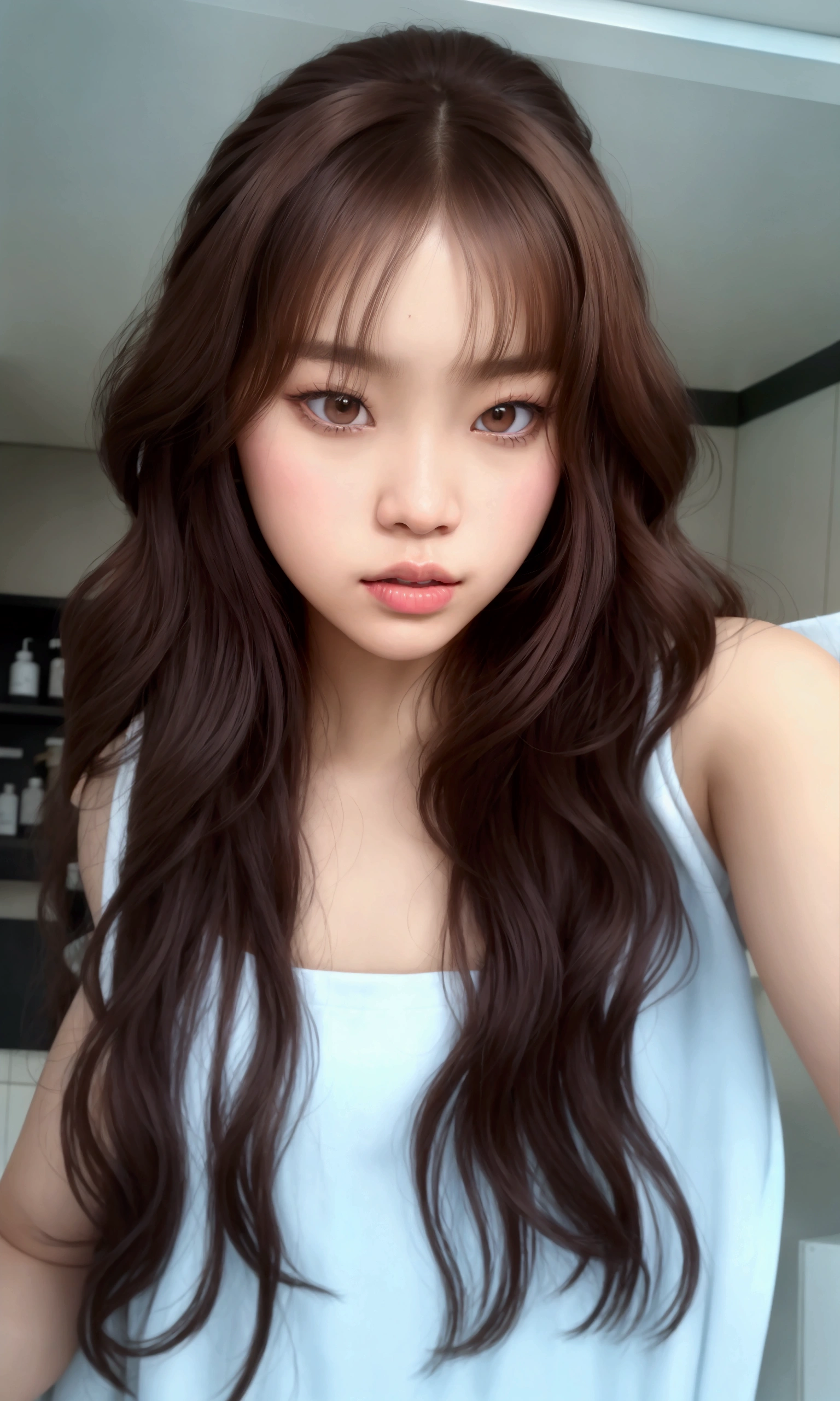 there is a woman that is taking a selfie in the bathroom, blackpink jennie, long hair with bangs, roseanne park of blackpink, with long hair, curtain bangs, lalisa manobal, the hime cut, with bangs, heonhwa choe, brown long hair with bangs, jossi of blackpink, long hair with full bangs, ulzzang