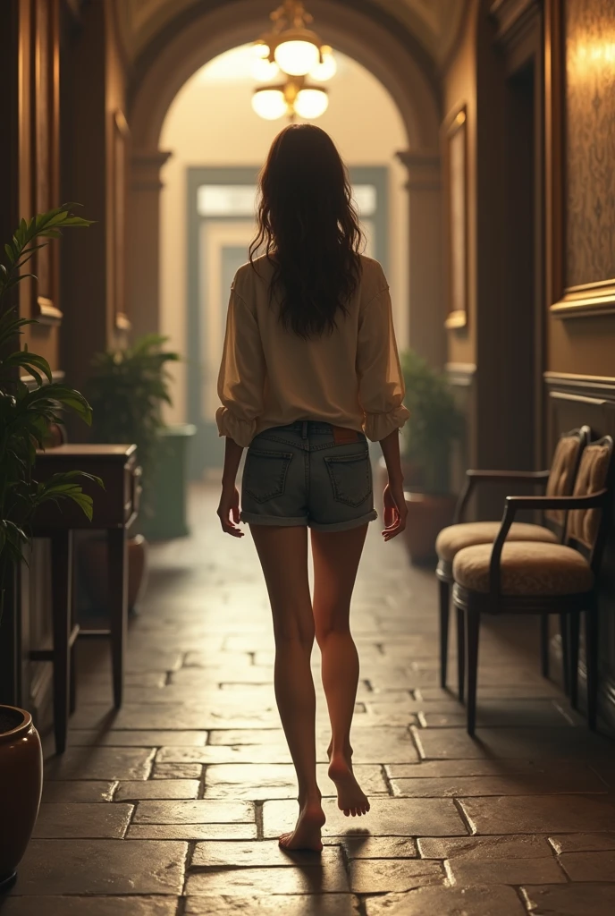 A realistic teen girl is walking barefoot trough a hotel hallway on the stoned floor.