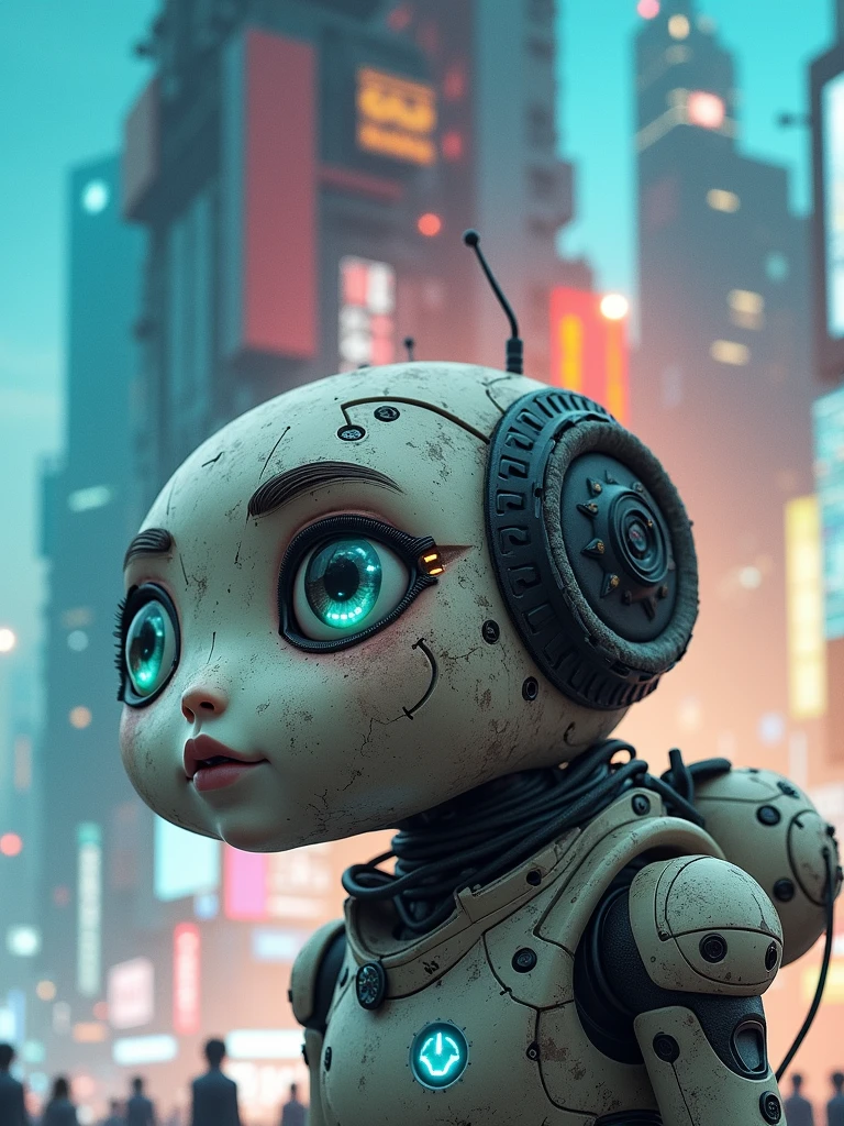 Female Hunting Robot, Very cute face, Details of robot parts on the head contemplating the human crowd, Future City, cyber punk, 3D Rendering, high quality, Photorealistic,