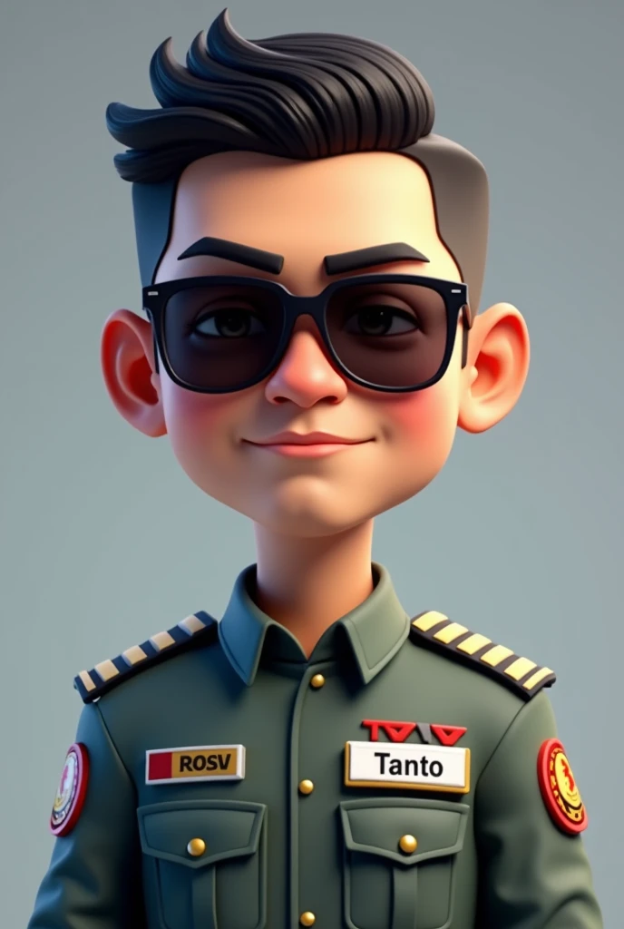 a young age indonesia man, a calm yet deep face like a typical family man, top gun jet fighter pilot uniform , his name is tanto written written on his uniform name tag, using sun glasses, big head, 3d, short hair, portrait. grey background, 3d cartoon, caricature