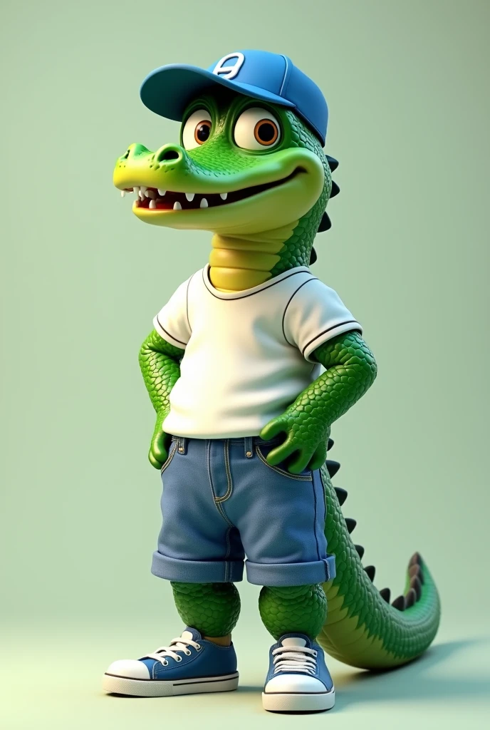 Create a Young Alligator Mascot. smiling . Wears a white t-shirt and jeans. wears a blue cap. Skin Vibrant Green Color.