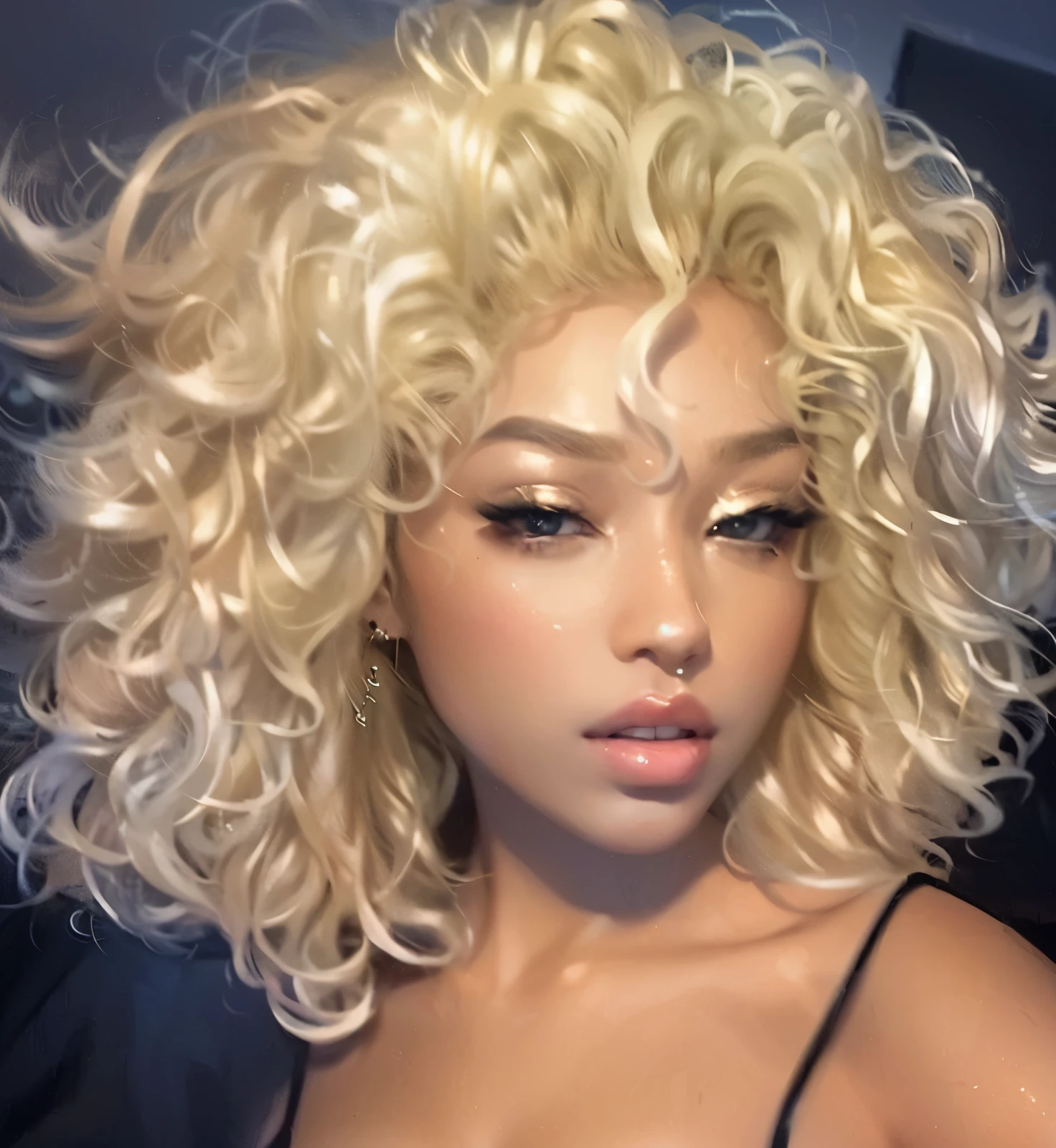 mermaid eyes, sensuous, latina, hair blonde, Asian, curls