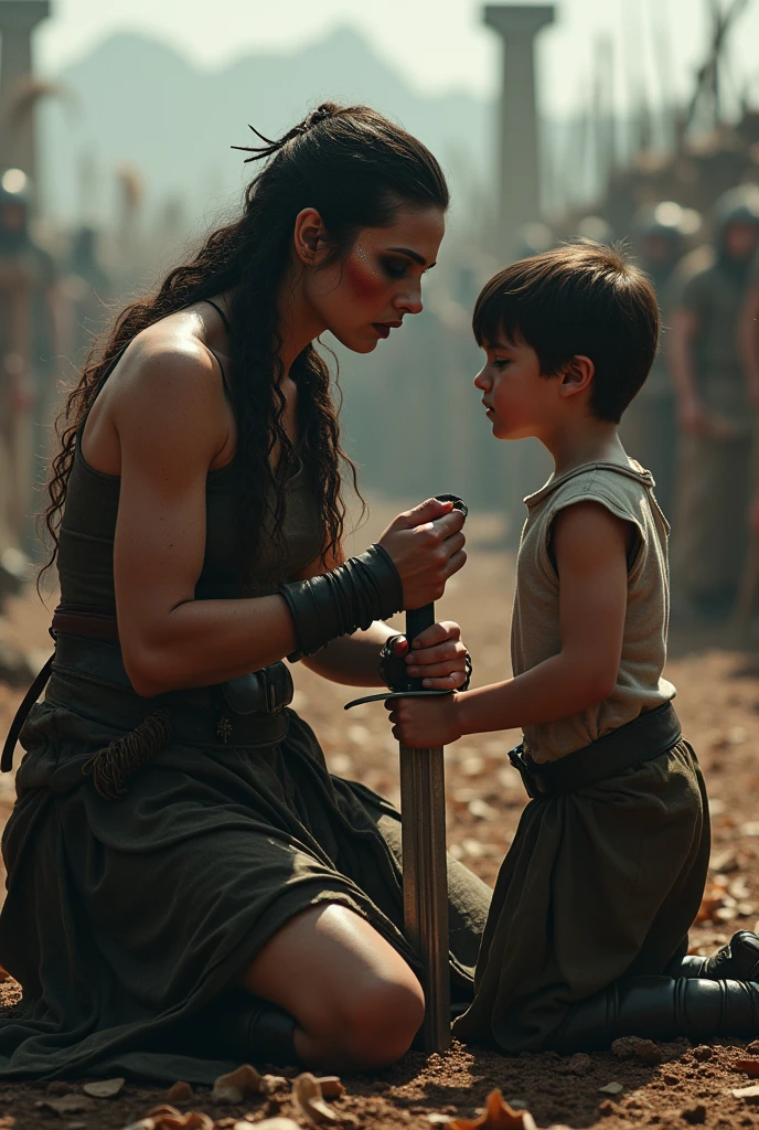 Realism, super quality, action photography style, a defeated woman kneels, her son (12 years) holds the tip of a sword to a woman's throat, knife stab in the throat, Her head is thrown back strongly.., the woman has a large manly Adam's apple, (woman - 30 year old warrior, throat slit, gothic makeup, pale skin, long hair) (son is ) ancient greece battle