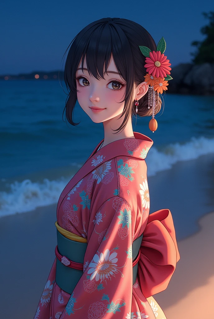 Beautiful woman, teenager, wearing Yukata, in the night, on the beech, colourful, facing camera, posing with smile, real photo with high resolution