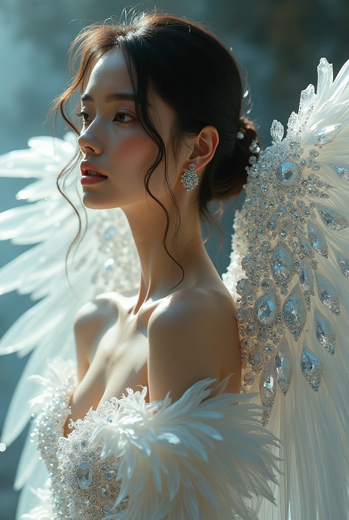 Raw photo, woman with angel wings with an ((all indicated arrangement of details in crystals and diamonds)), countless pieces of ((faceted crystals)) that reflect and capture light in all directions. The crystals with their silver and white sparkles form complex and symmetrical patterns. The camera angle is slightly tilted from below in an atmosphere of (extreme luxury), almost fantasy. With an atmosphere of ethereal (high fashion elegance). Ultra details, diminute and hyper-realistic details.