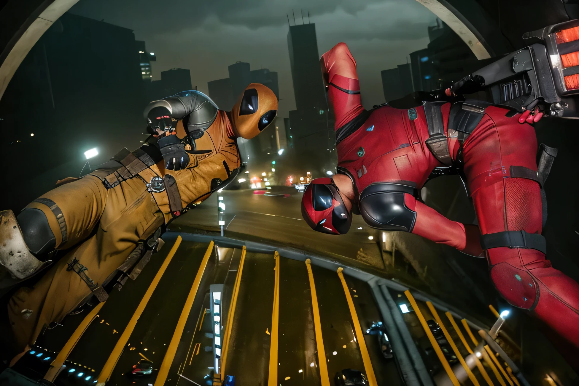 (Best quality, 8k, 32k, Masterpiece, UHD:1.2) To transform the setting of the image into the iconic freeway overpass scene from the first Deadpool movie, imagine an urban, gritty environment. The overpass is a concrete giant, with multiple lanes of traffic either side of the central divider. The concrete walls are stained with years of wear, and the road surface is cracked in places, showing signs of heavy use. Above, the sky is a cloudy gray, adding to the grimy atmosphere. The overpass rises above a chaotic mix of roadways below, crisscrossed with smaller roads and alleys. ((Wolverine)) ((Deadpool)) ((fisheye)) ((looking at the ground))

Lining the sides of the freeway, you might see rusted metal barriers, graffitied and dented from countless collisions. In the distance, tall, nondescript buildings loom, their windows reflecting the dim light. The scene is tense, with an underlying sense of danger, as if something explosive is about to happen. The setting is stark, with minimal distractions, drawing all attention to the center where the action is about to unfold.

Everything about this environment screams urban decay and imminent chaos, a perfect stage for Deadpool’s outrageous and chaotic battle. The whole atmosphere is raw and unrefined, perfectly matching Deadpool’s irreverent and over-the-top style.