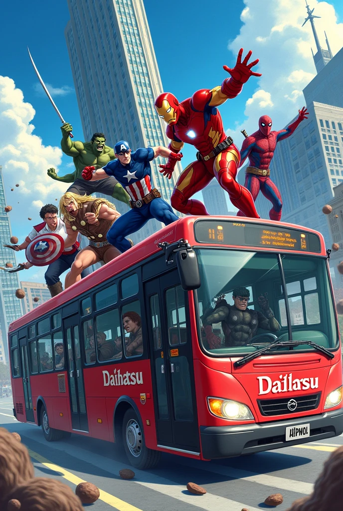 Create an image of the Avengers measuring 885 cm long and 320 cm wide reimagined as anime characters. Include characters like Iron Man, Captain America, Thor, Hulk, Black Widow, spiderman, wolverine, deadpool and doctor strange. Design them with exaggerated anime-style features, such as large, caricature-like heads and dynamic poses, and sleek, detailed armor or costumes. With landscape size, position each character in a bus or on a bus that says Daihatsu with a building that says Daihatsu in the background, which emphasizes action and intensity. "Each character must have a unique anime-style weapon or accessory that matches their personality and strengths."