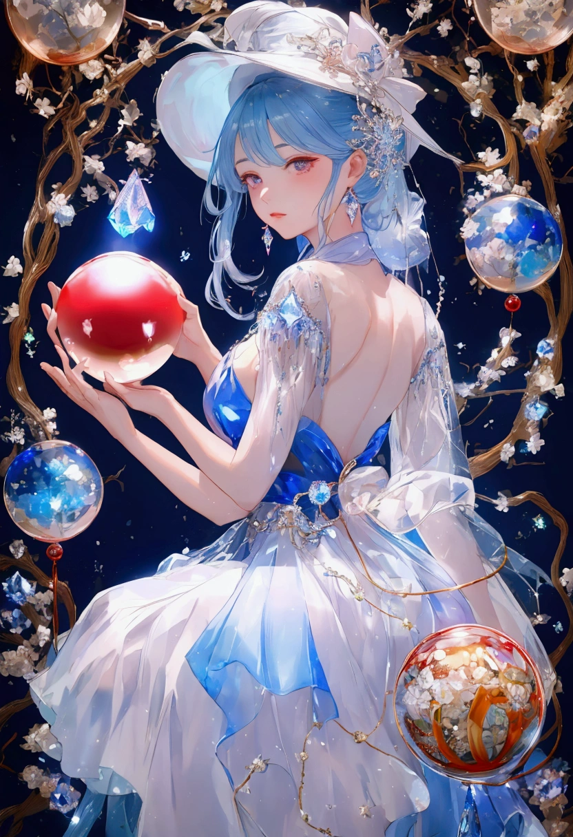 woman,Conservative attire,(Wearing a big hat),Blue crane,Wearing a blue and red and white princess dress,Close-up of upper body,Close-up photos,jewelery,Visions of heaven and earth,(((Magic crystal ball))),The background is the Milky Way,solar system