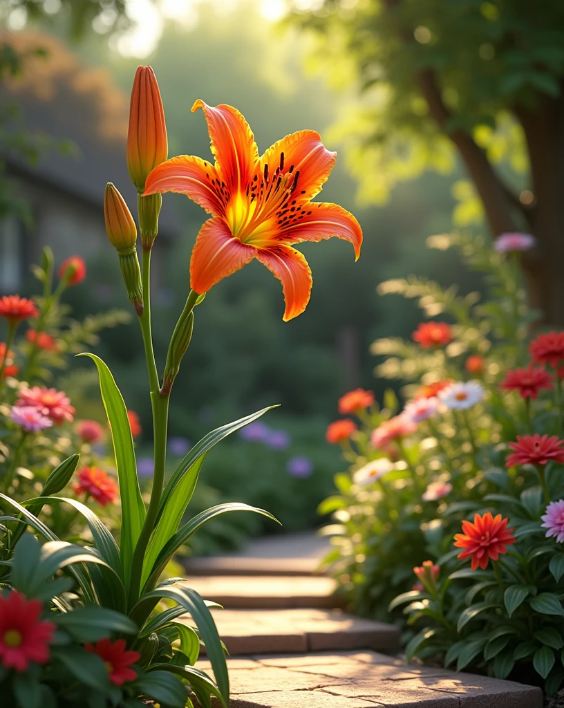 Create an image of a Lilium superbum, Tiger Lily in full bloom, standing proudly in a cozy home garden. The vibrant orange petals with deep, dark spots should curve outward, catching the sunlight. Surround the Tiger Lily with a variety of other garden plants, including lush green foliage and soft, colorful blooms in the background, creating a harmonious and vibrant scene. The garden path, made of natural stone or brick, should lead up to the flower, inviting the viewer to admire its beauty. Warm, natural light filters through the surrounding trees, casting gentle shadows that enhance the vivid colors and realistic textures of the flowers. The setting should evoke a sense of tranquility and the simple joys of a well-tended home garden