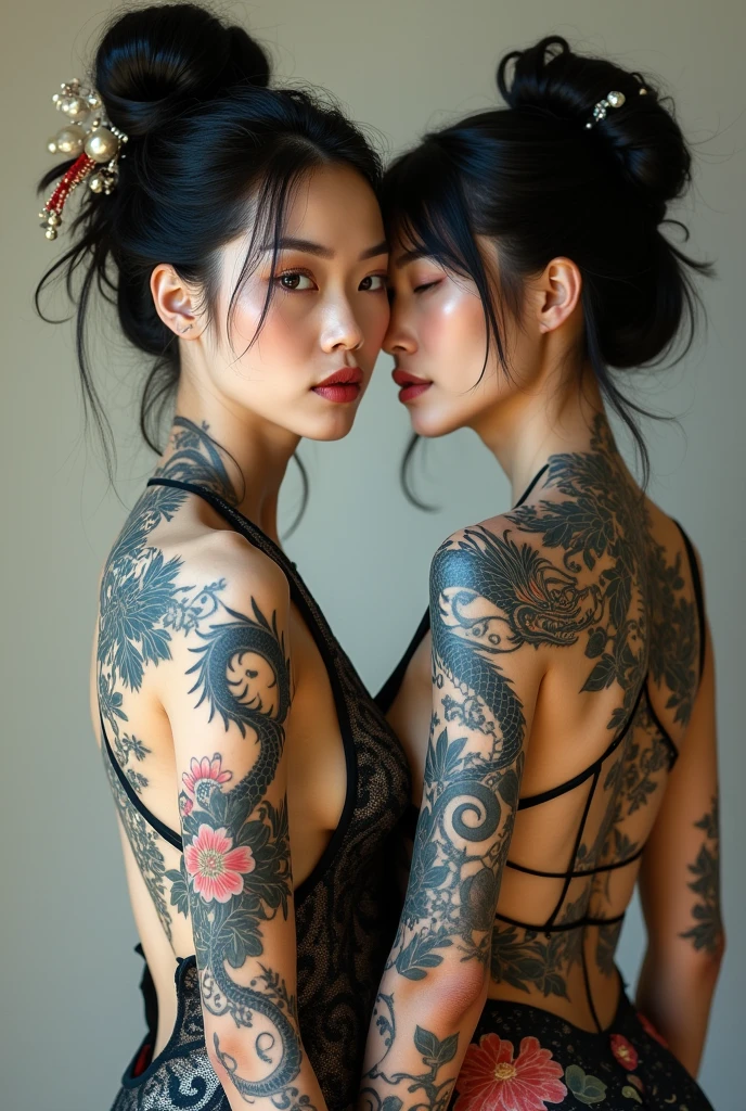 a beautiful girl with yin and yang tattoo on her bare back, detailed body, detailed face and eyes, extremely detailed skin and tattoo, photorealistic, chiaroscuro lighting, dramatic lighting, high contrast, rich colors, elegant pose. Yin yang tattoo.