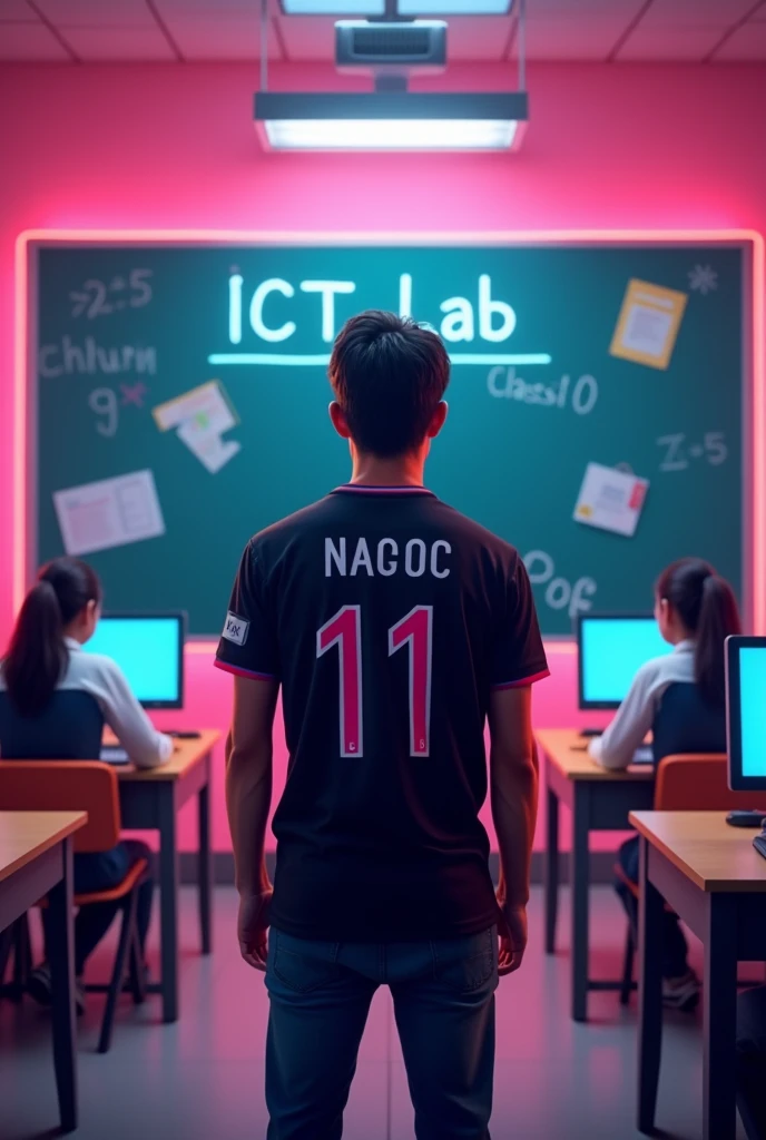 A decorated room keep computer,And a 3 teacher in black jearsy and teacher jearsy back side name write words Abhishek sharma, teaching on board and board on write big word ICT LAB Kalyanpura purohitan class 10 and sit down student computer tables on neon lights