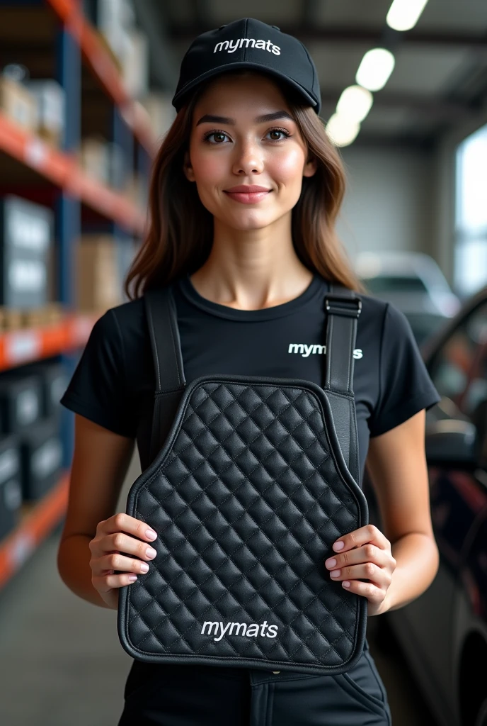 A hyper-realistic image of a beautiful young woman with a model-like appearance and a stunning figure, standing confidently in a professional automotive service center. She is wearing a branded uniform consisting of a jumpsuit, cap, and T-shirt. Both the jumpsuit and cap are emblazoned with the "MYMATS" logo. The woman is holding and showcasing an automotive 3D car mat made of black eco-leather to the camera. She is displaying a driver's side mat with high edges and an extended flap that covers the floor along the door sill. The mat features diamond quilting in white thread, with each diamond uniformly sized. The mat is also embroidered with the word "MYMATS" in large, bold golden letters. Behind her, the blurred background reveals a warehouse with shelves displaying other company products, adding depth and context to the scene.