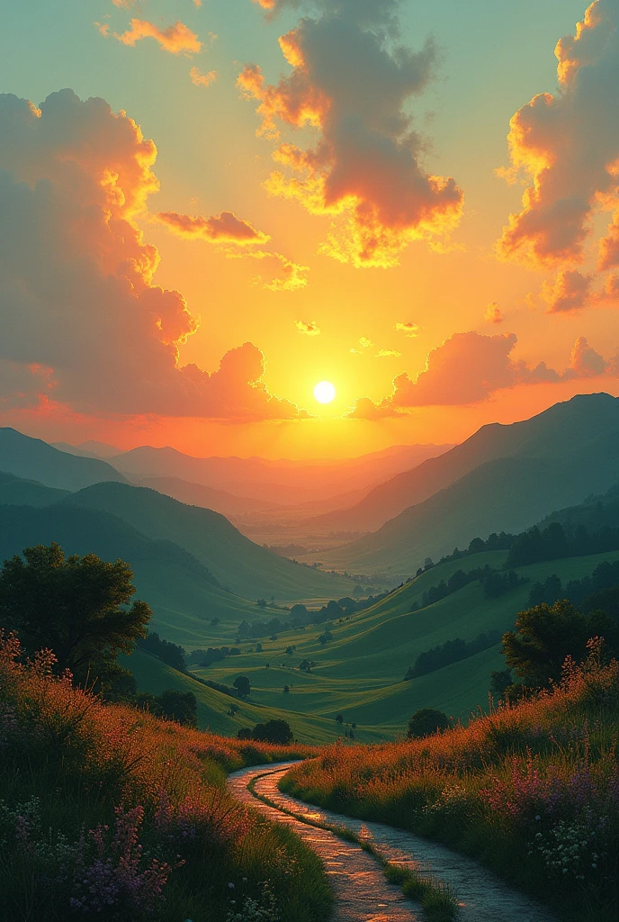 A serene landscape with a sunrise symbolizing hope, overlaid with abstract elements representing anxiety and trauma, gradually fading into a peaceful, calming scene to represent healing and self-acceptance.