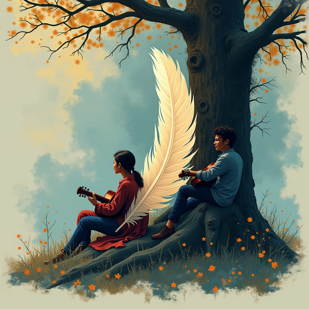Create an abstract film, abstract symbol for a storytelling production brand based on stories and dreams called " Penamemoria". The logo should convey a fantasy theme and include the companionship of a and a feather. Fantastic, Memorable, Poetic, dreamers, sitting against a tree and playing guitar with some fantastic music, unique, Poetic white-blue-golden feather.