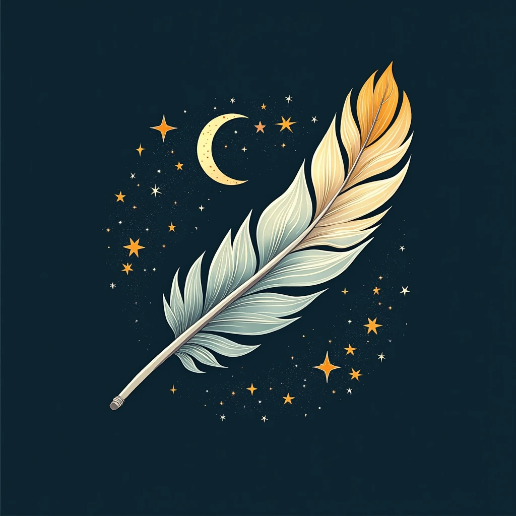 Create an abstract film, abstract symbol for a storytelling production brand based on stories and dreams called " Penamemoria". The logo should convey a fantasy theme and include the companionship of a and a feather. Fantastic, Memorable, Poetic, dreamers, sitting against a tree and playing guitar with some fantastic music, unique, Poetic white-blue-golden feather.