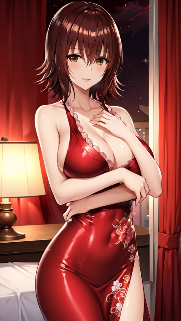 Erotic、Tolve Gomon、Brown-haired pixie cut、Big Breasts、Shiny red cheongsam Curtain dress、Dark pink love hotel、Lamplight、smile、Lightly open your mouth、Evil female executive、adult、Married Woman、lure