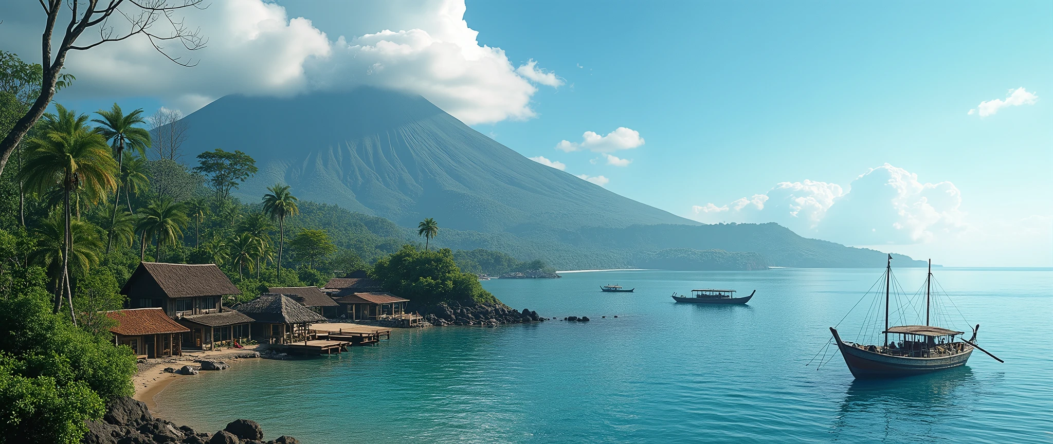 Village from ancient Ternate island, Maluku, Indonesia, beside a ocean and Ternate mountain, there is no peoples, kora-kora ships, hyper realistic, masterpiece, best quality, ultra-detailed, UHD, 64K