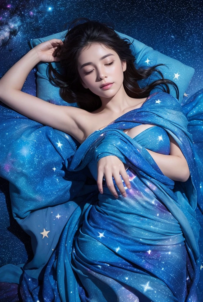 The image depicts a woman wrapped in a blue, starry fabric that blends with a cosmic background filled with stars and galaxies. She is lying down in a peaceful, sleeping position with her arms hugging a glowing, celestial object that also resembles a pillow. The overall atmosphere is dreamy, serene, and ethereal.

To create a similar image using a prompt, you could use the following description:

"A woman lying down in a peaceful sleeping position, wrapped in a flowing, starry blue fabric that b