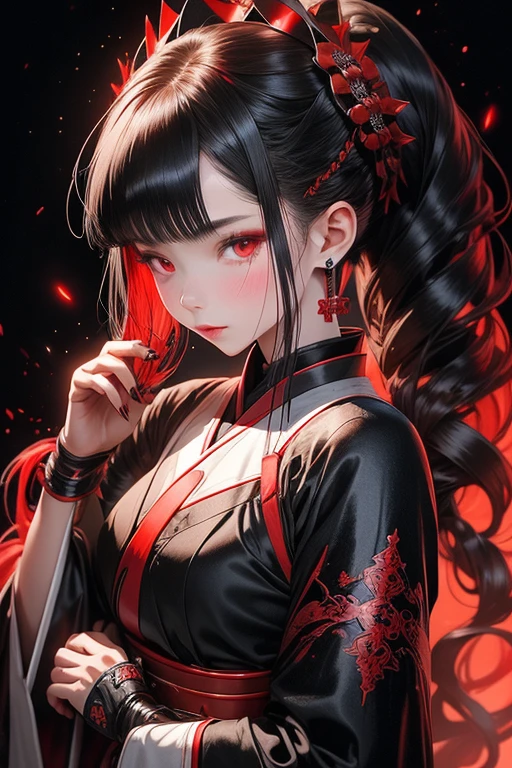 A girl in a black Hanfu with red armor , Height 1.79,Thin hands and on my fingers protective silver nails shaped like claws , red eyes/wine ,two katanas on my back , hair as black as night with a silver lock held in a perfect ponytail with silver hair sticks and red and black beads, My fine features and my snow-pale skin,