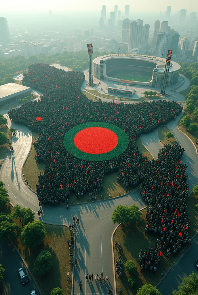 Bangladeshi map made with thousands people and every people carrying flag of Bangladesh Bangladesh city, stadium middle for Bangladesh flag, mast to be written for 3D letter, ((Bangladesh))