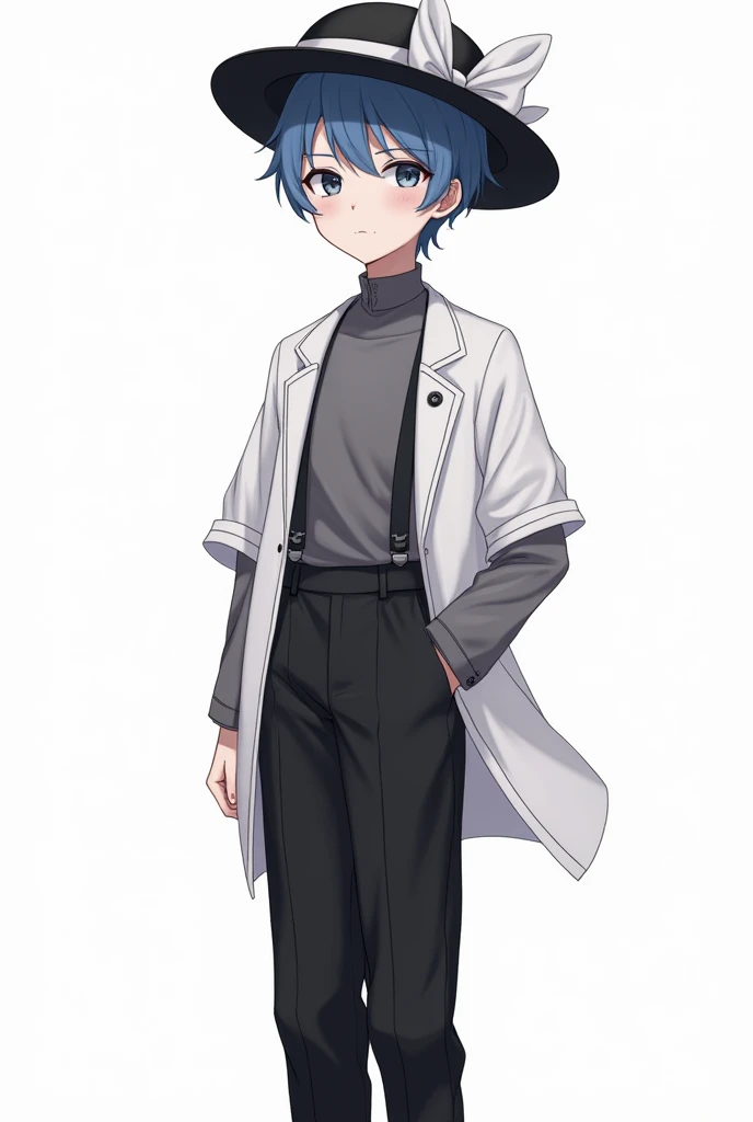 boy, oujo fashion, White background, full height, hat, black and white clothing tones, Short blue hair, untucked gray shirt