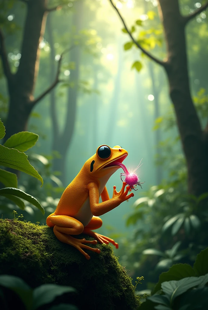 a beautiful rainforest, lush greenery, foggy environment, a golden poison dart frog, eating a shiny bug, pink tongue, sunlight coming through high leaves of trees, (best quality,4k,8k,highres,masterpiece:1.2),ultra-detailed,(realistic,photorealistic,photo-realistic:1.37),vibrant colors,stunning lighting,detailed amphibian,intricate leaf textures,soft focus background,nature photography