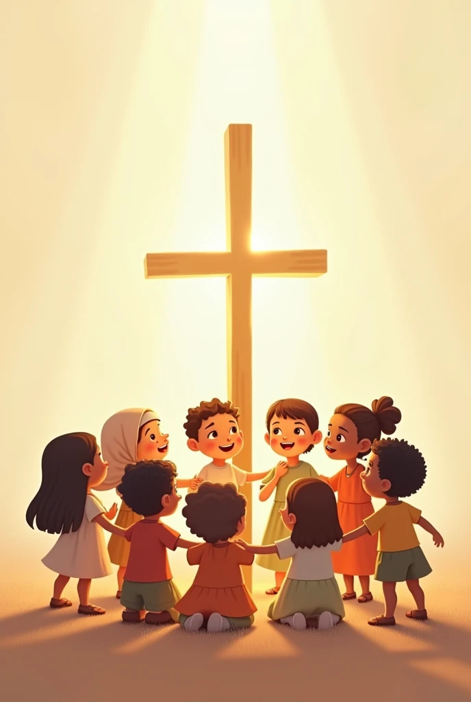 Image with a very light background, a representation of the clear cross at the top and children of different colors looking at the cross happily. The children around the cross. Similar to animations ai