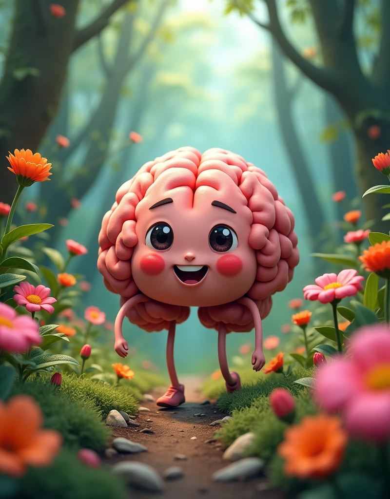 A happy brain walking in the middle of trees and many colorful flowers, pink, abodes, orange and green around.