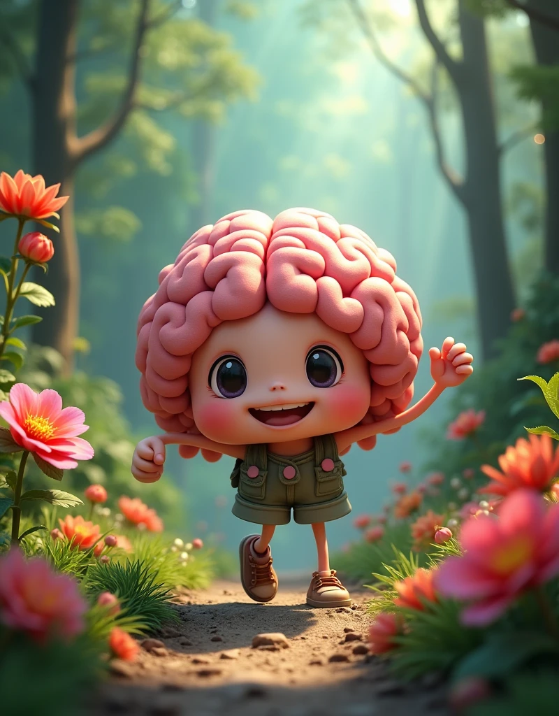 A happy brain walking in the middle of trees and many colorful flowers, pink, abodes, orange and green around.