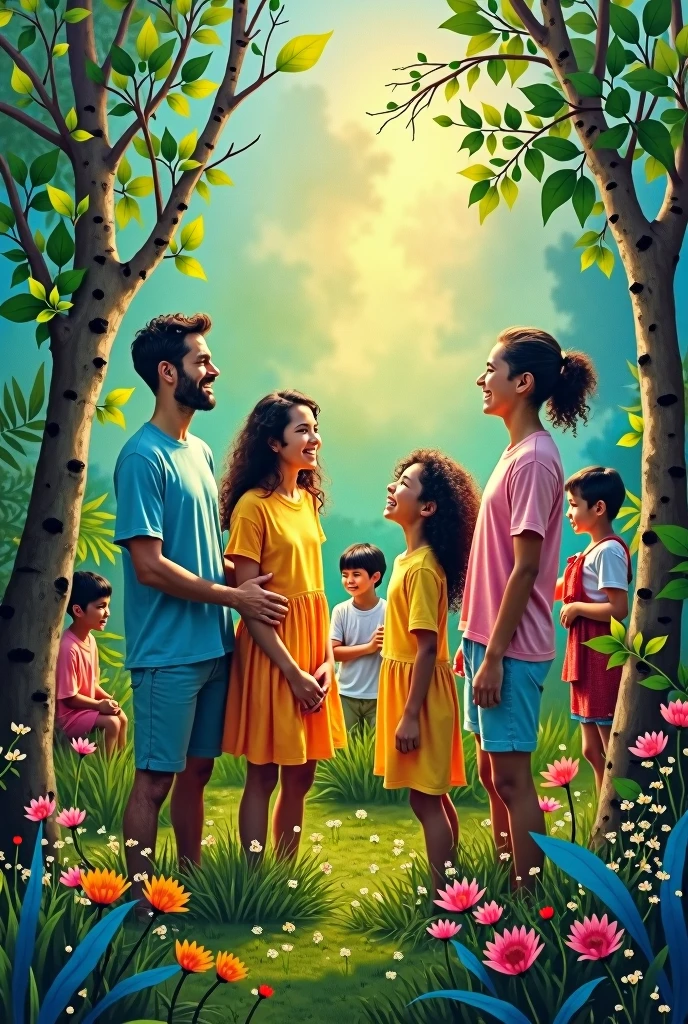 a happy and joyful scene of people enjoying life, surrounded by vibrant colors, soft lighting, and a sense of wonder and tranquility, showing the beauty and interconnectedness of all living things, the moments of connection and separation, life and death, capturing the essence of happiness that transcends the boundaries of philosophy and reason, inviting the viewer to reflect on their own state of being and find contentment within