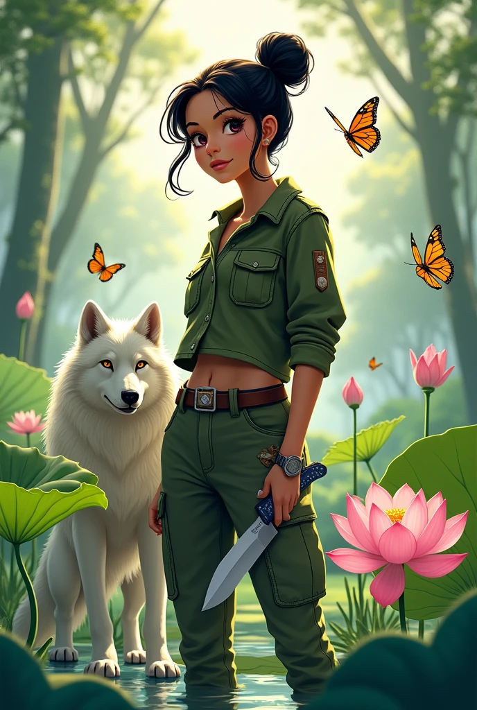 She is a girl who likes nature, she likes free style and aesthetics. She style is fierce. She symbolizes a woman with a high IQ and of course she is beautiful, with black eyes . Make it in animated form There is always a lotus flower that she likes. And he likes butterflies. He likes it in the house. Dress like an adventurer. Wearing an army colored shirt , cargo pants Cream colored and adventure Knife in hand And hair in a bun. Ada serigala sangat menyeramkan berwarna putih