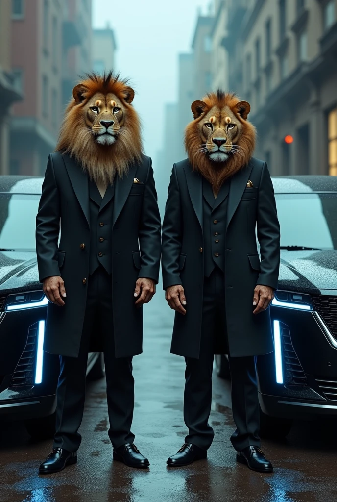 Two wounded  lions wearing classic suit, standing next to two black cadillac escalade 2024 with light blue lights 
