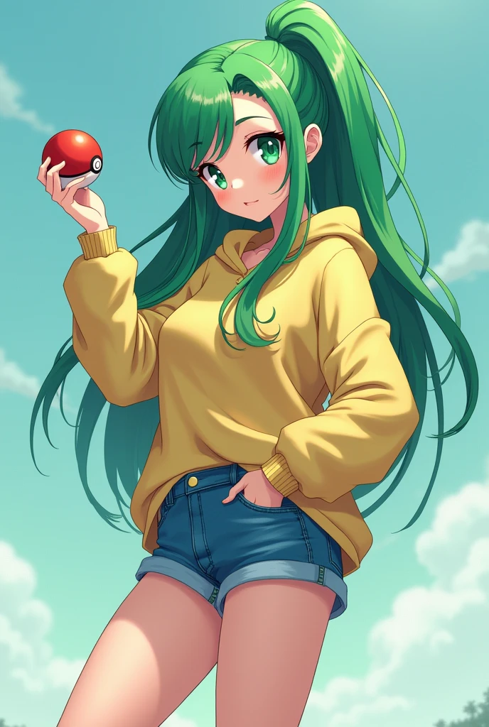 A beautiful woman wearing denim shorts, With a sweater, he has green hair and green eyes, his eyes are sharp but beautiful., hold a pokeball, anime style