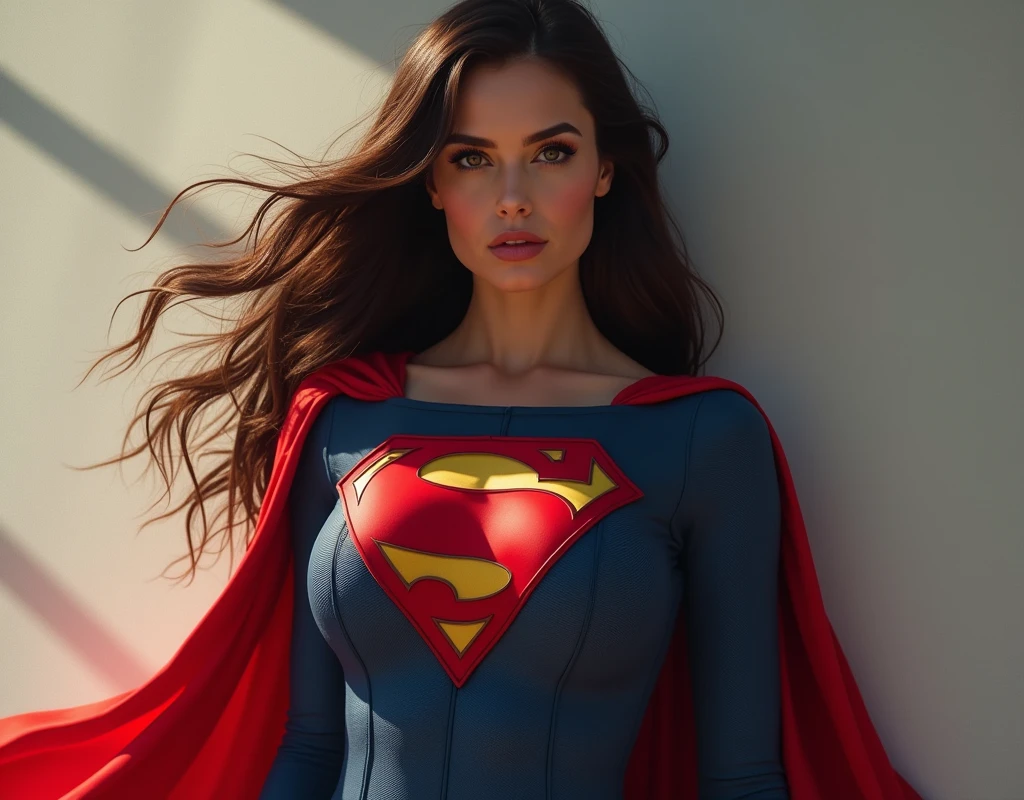 Woman wearing Superman costume with long hair extremely beautiful sensual pose