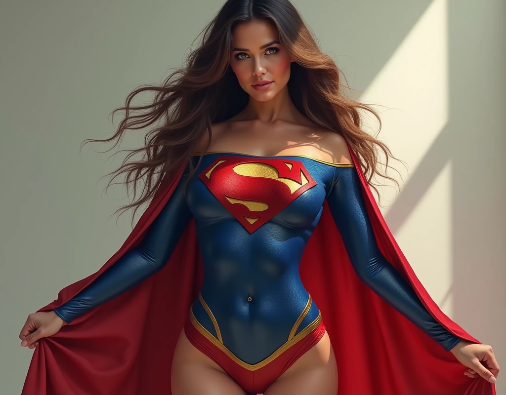 Woman wearing Superman costume with long hair extremely beautiful sensual pose 