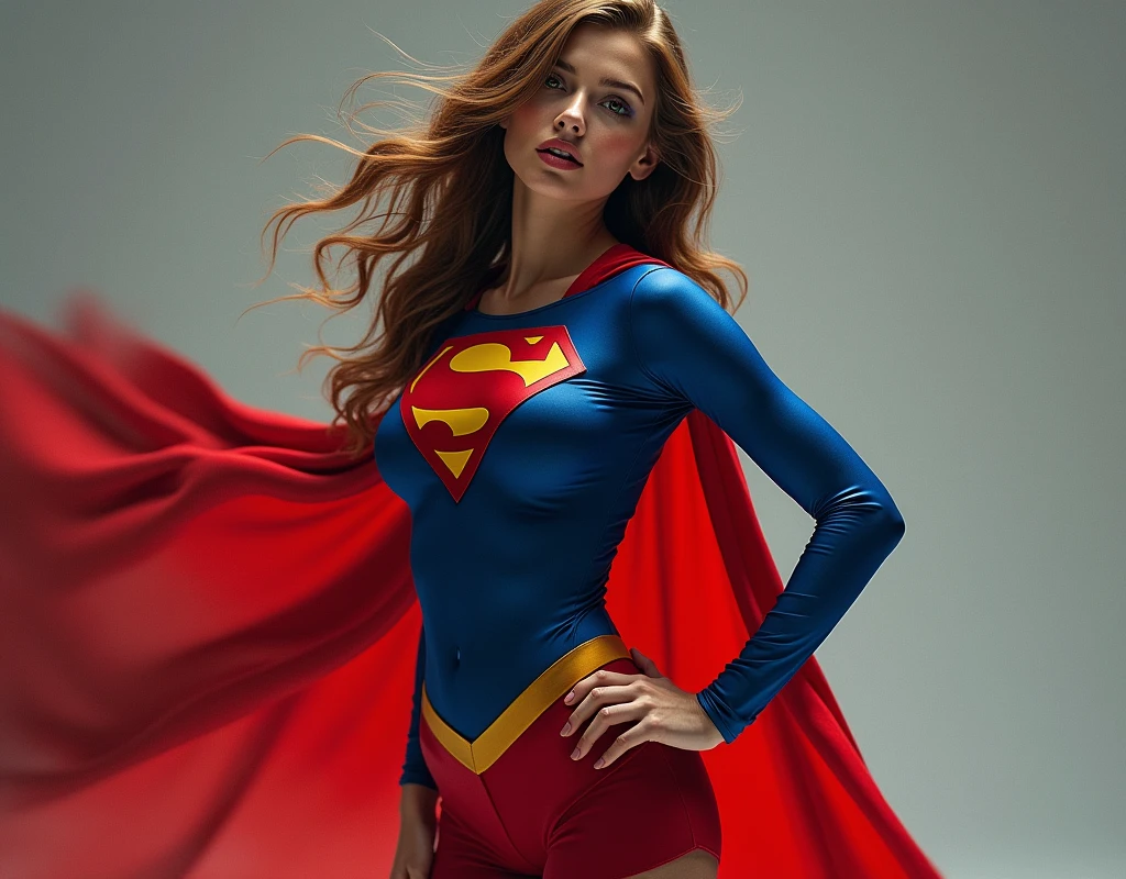 Woman wearing Superman costume with long hair extremely beautiful sensual pose