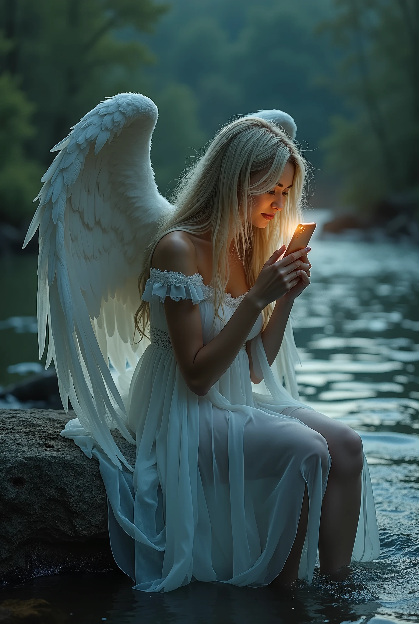 A captivating hiperealistic gothic atmosphere featuring a beautiful angel with very imposing wings closed over her head, long straight blonde hair flowing in the wind. Her strikingly clear eyes and gorgeous lips reflect an ethereal quality as she sits on a rugged rock by a serene river, the long veils of his dress falling from his legs until he dives into the water carried by the current. The scene is illuminated solely by the soft glow of her iPhone, casting a mystical light that highlights her delicate features and the surrounding dark, moody landscape. The river glimmers subtly in the background, enhancing the enchanting yet melancholic