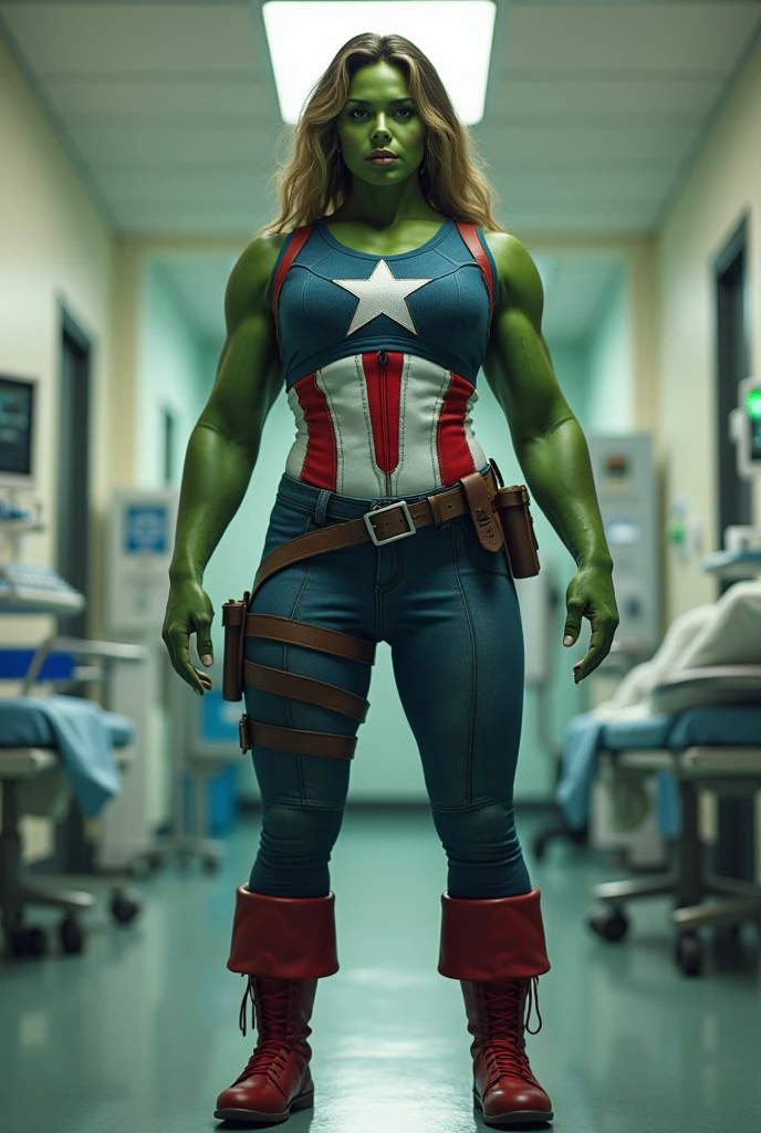 Imagine Female Hulk wear captain America Costume in Side Hospital, Wide Angle View, full shirt doctor clothes