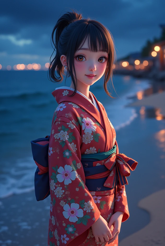 Beautiful woman, realistic, ager, wearing Yukata, in the night, on the beech, colourful, facing camera, posing with smile, real photo with high resolution