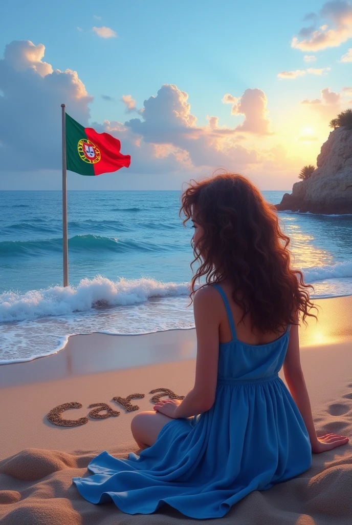 Create an image Where we see the sea in Portugal with the flag of Portugal and the name Clara engraved in the sand with a blue and pink sunset and a teenager sitting on the coast with wavy, slightly curly brown hair and slightly tanned skin from the back with a very realistic blue dress and we only see the girl from the back far away