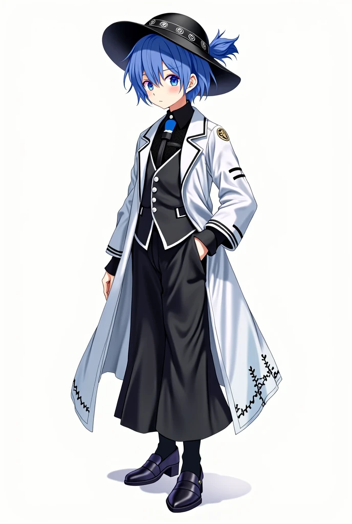 boy, oujo fashion, White background, full height, hat, black and white clothing tones, Short blue hair,