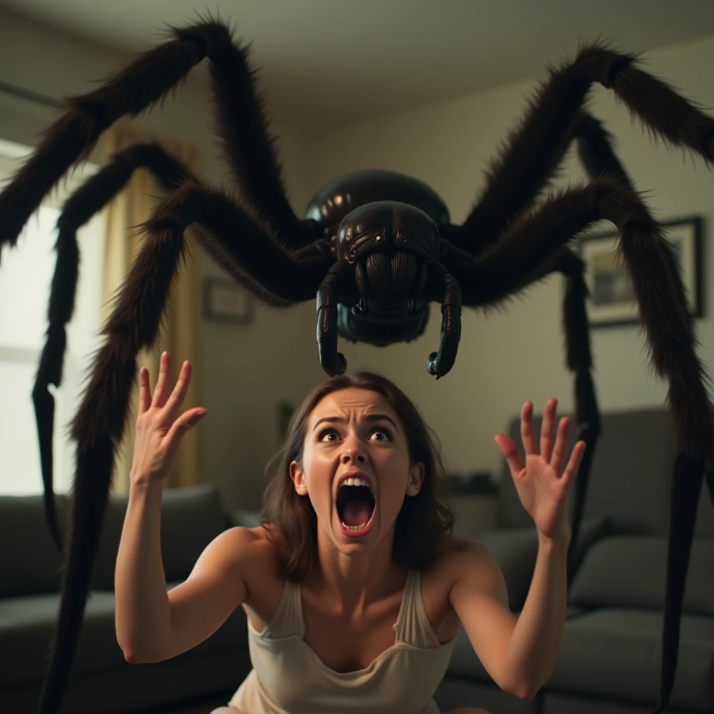 3d、Ultra HD、Side view、Digital Art、I have a 1 metre huntsman spider in my house、A young woman screams at the sight of a huntsman spider、A young woman has her hands up、The young woman has her mouth wide open、Young woman with eyes wide open
