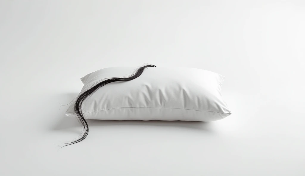 A piece of black hair on a white pillow