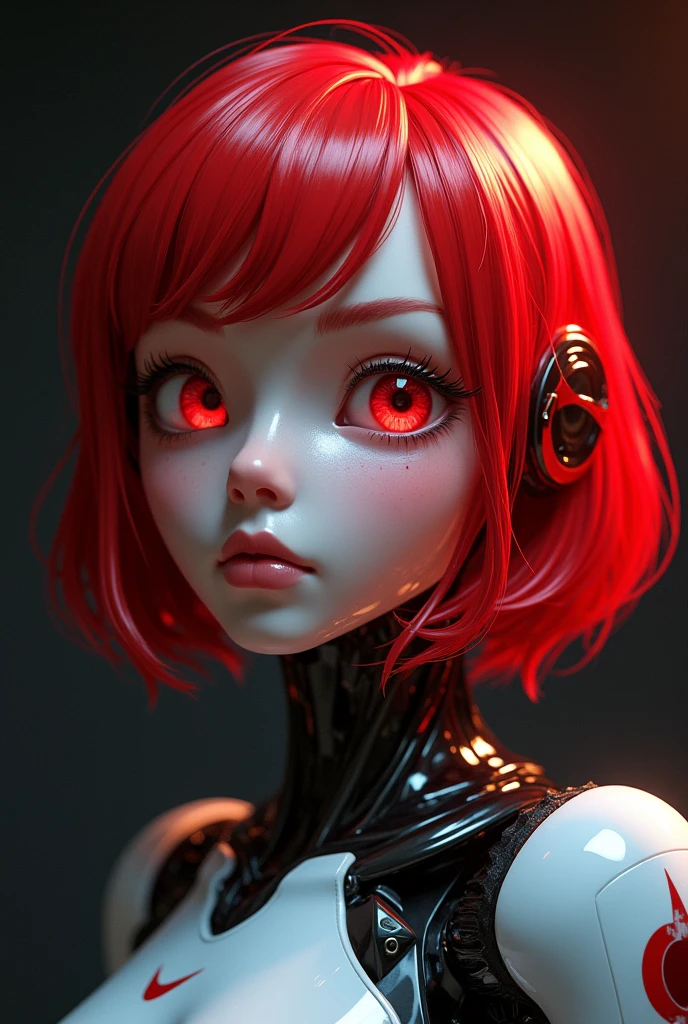 Policía robot, star eye, blush, perfect illumination, red hair, red eyes, unreal engine, sidelighting, detailed face, bangs, bright skin, simple background, dark background