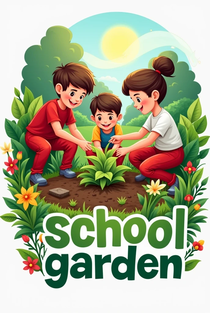 School garden logo with students wearing red pants and red and white shirts cultivating