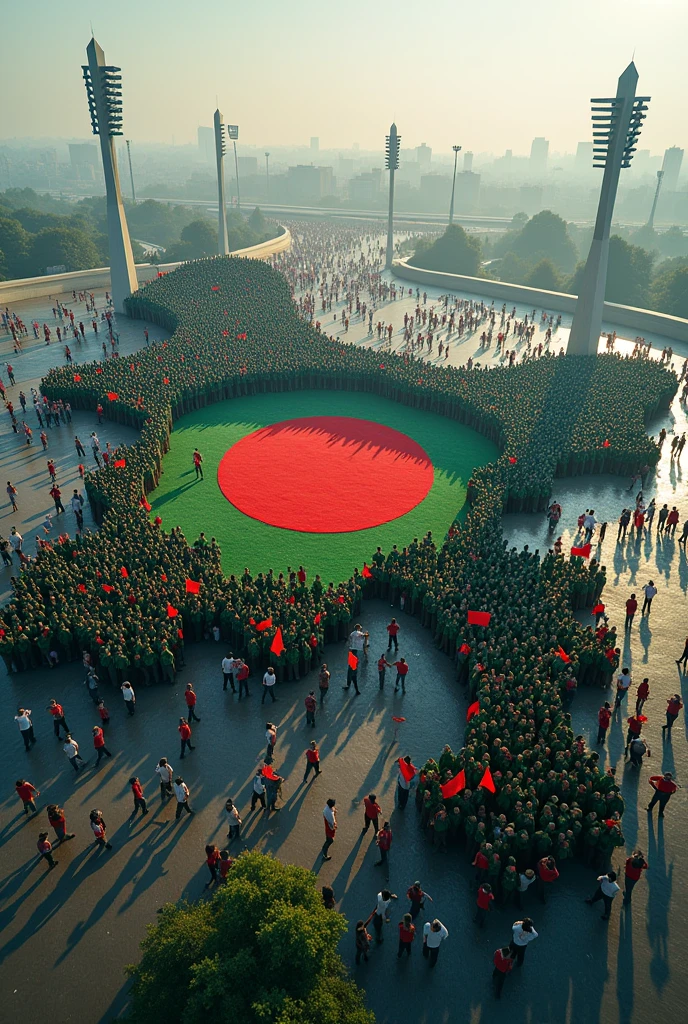 Bangladeshi map made with thousands people and every people carrying flag of Bangladesh Bangladesh city, stadium middle for Bangladesh flag, mast to be written for 3D letter, ((Bangladesh))