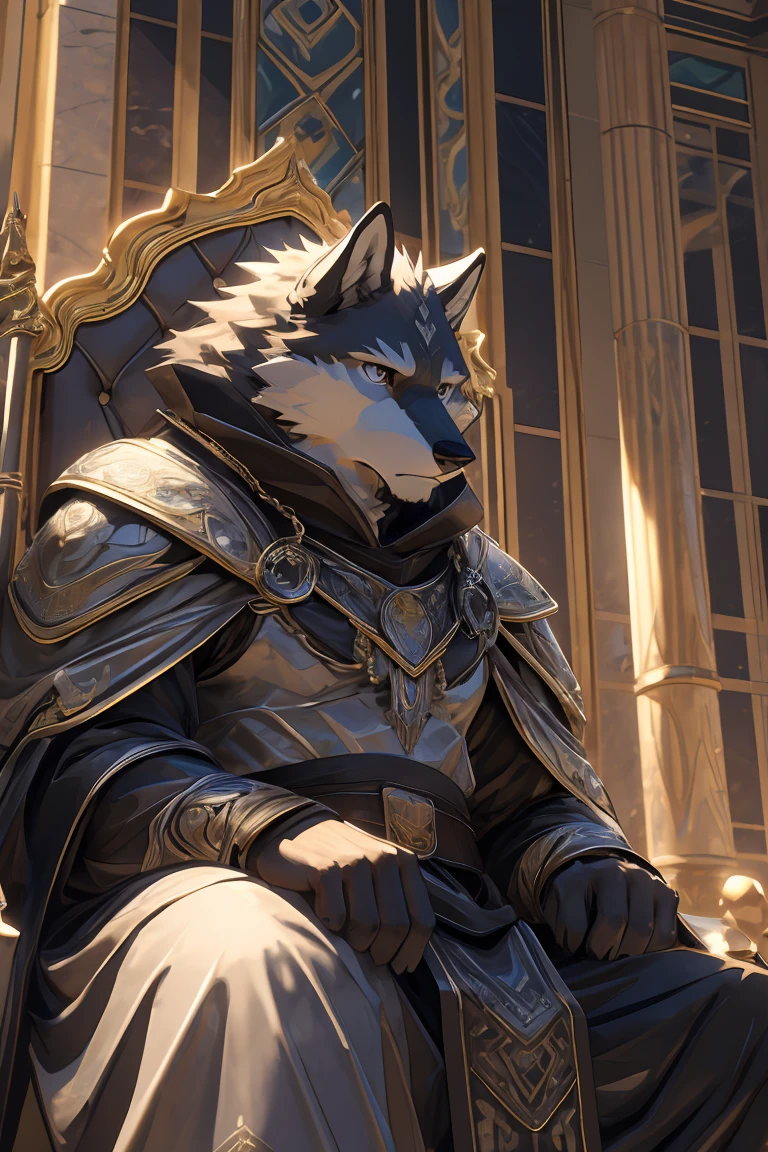 best quality，Ultra HD，Second Dimension，Close perspective，Upper Body，The most exquisite eyes［The most exquisite eyes：2.1］，Sitting on the throne in the luxurious palace，Male gray wolf，Black scales on face，Physical fitness，Serious expression，Black eyes，White clothes，Silver Armor