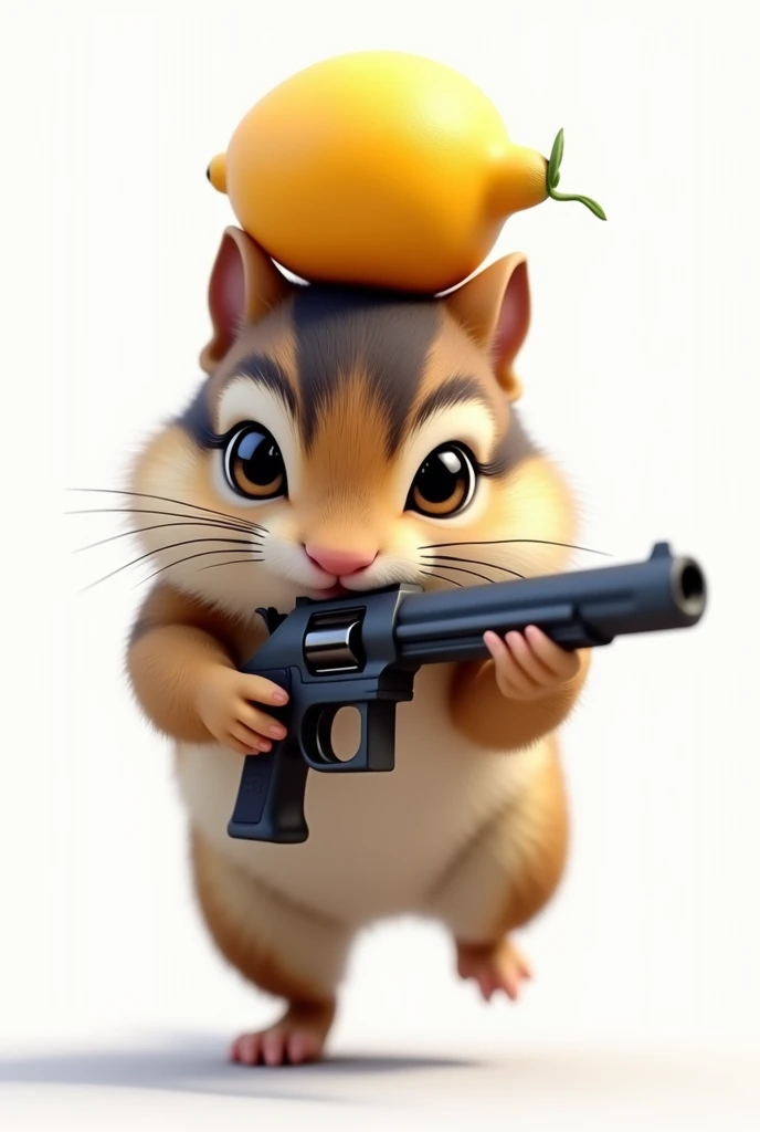 (masterpiece, best quality, ultra detailed, 8k, photorealistic, hyperrealistic photo), A female chipmunk is running with a gun, (A female chipmunk has a small Yuzu fruit on her head), (Female chipmunks have three lines of dark hair on their heads.), (Female chipmunks have pink cheeks), Background is white, Real,