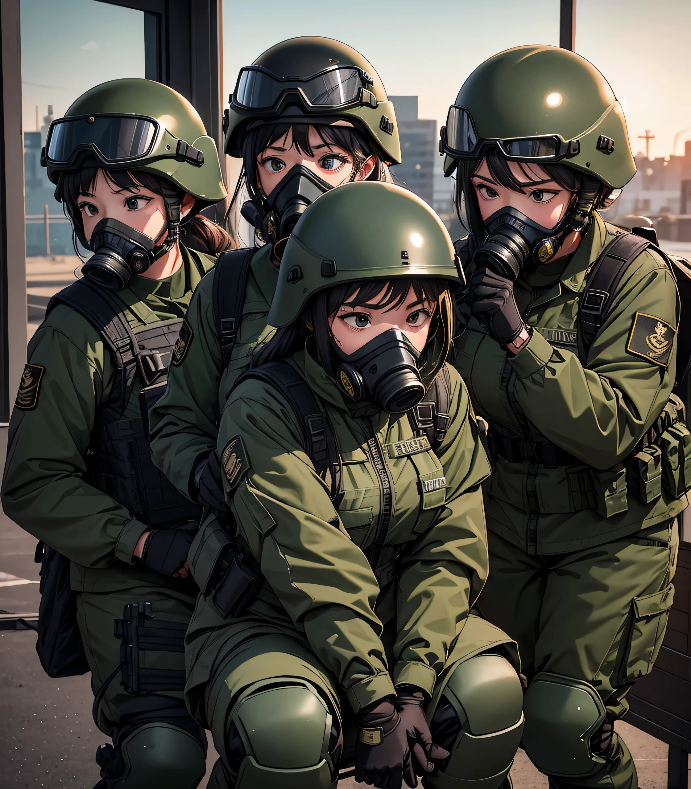 A group of female special forces soldiers wearing dark green M-51 military uniforms、Put on a helmet、Wear goggles、wearing gas masks、Knee pads、dusk、Write details、masterpiece、best quality、Highly detailed CG、8K picture quality